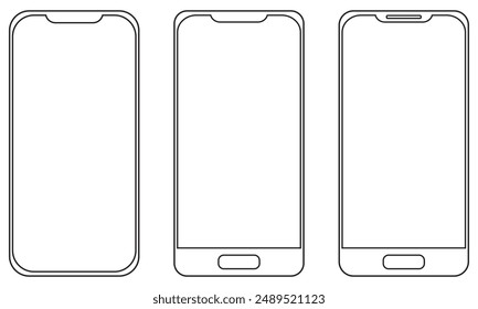 Set de alta calidad realista de moda diferentes modelos de smartphone negro con pantalla táctil vacía icono de vista frontal. Signo detallado del smartphone de la maqueta de la línea, teléfono móvil del modelo lineal, App, ui, ux - Vector