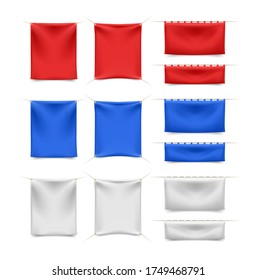 Set of High Quality Red Blue and White Textile Banners with Folds with Ropes on White Background . Isolated Vector Elements 