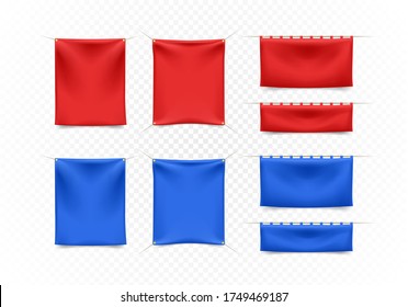 Set of High Quality Red and Blue Textile Banners with Folds with Ropes on White Background . Isolated Vector Elements 