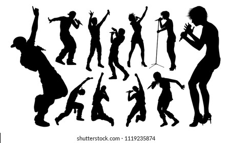 A set of high quality silhouette singer pop, country music, rock stars and hiphop rapper artist vocalists 