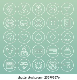 Set of High Quality Universal Standard Minimalistic Simple White Thin Line Casino Icons on Circular Buttons on Color Background.