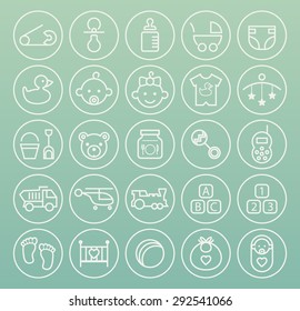Set of High Quality Universal Standard Minimalistic Simple White Thin Line Baby Icons on Circular Buttons on Color Background.