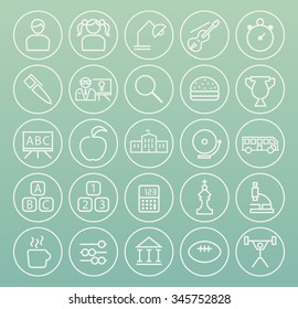 Set of High Quality Universal Standard Minimalistic Simple White Thin Line Education Icons on Circular Buttons on Color Background.