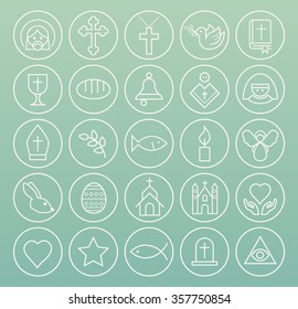 Set of High Quality Universal Standard Minimalistic Simple White Thin Line Christian Icons on Circular Buttons on Color Background.
