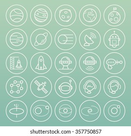 Set of High Quality Universal Standard Minimalistic Simple White Thin Line Space Icons on Circular Buttons on Color Background.