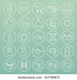 Set of High Quality Universal Standard Minimalistic Simple White Thin Line Ramadan Icons on Circular Buttons on Color Background.