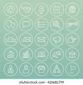 Set of High Quality Universal Standard Minimalist Simple White Thin Line Political Icons on Circular Buttons on Color Background.