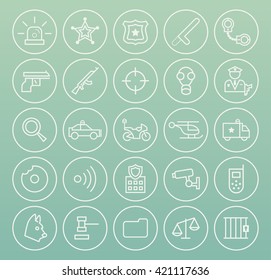Set of High Quality Universal Standard Minimalist Simple White Thin Line Police Icons on Circular Buttons on Color Background.