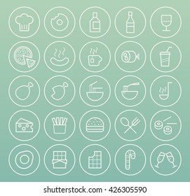 Set of High Quality Universal Standard Minimalist Simple White Thin Line Food Icons on Circular Buttons on Color Background.