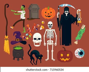 Set of high quality vector halloween items featuring zombie, Grim Reaper, skeleton, witch broom, eye, pumpkin lanterns, skull, candies, black cat, gravestone, etc. Ideal for hallows eve design