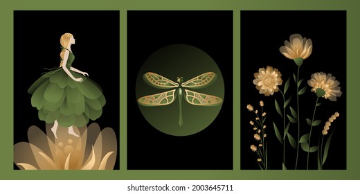 Set of high quality vector mystic and elf theme, includes illustrations of elves,  fairies,
flowers and dragonfly. Pictures in the same style in green and gold colors for decoration, clipart