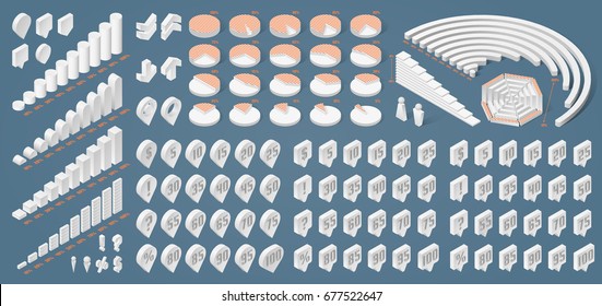 Set of high quality white isometric infographic templates. Pie charts, graphs, diagrams. Applicable for business presentations, statistics, reports. Easy to recolor. Eps10 vector.