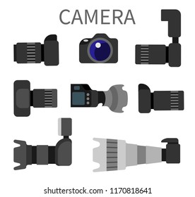 Set of high resolution action cameras with removable lens vector illustration front and side view photocameras isolated. Gear with flash and zoom function