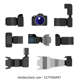 Set of high resolution action cameras with removable lens vector illustration front and side view photocameras isolated. Gear with flash and zoom function