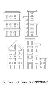 Set of high rise building icons in outline style. Office buildings concept vector illustration in linear style isolated on white background