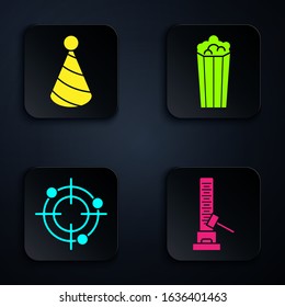 Set High striker attraction with big hammer, Party hat, Target sport for shooting competition and Popcorn in cardboard box. Black square button. Vector