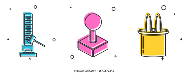 Set High striker attraction with big hammer, Joystick for arcade machine and Magician hat and rabbit ears icon. Vector