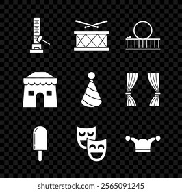 Set High striker attraction with big hammer, Drum drum sticks, Roller coaster, Ice cream, Comedy theatrical masks, Jester hat bells, Circus tent and Party icon. Vector