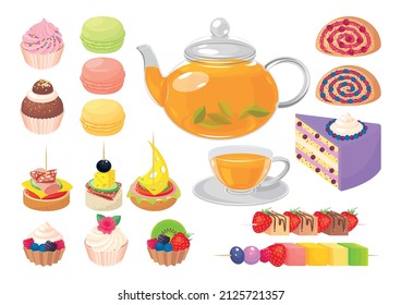 Set of high tea party food. Teapot, cup, tea sandwiches, fruit cakes, cupcakes, fruit tartlet, macaroons.