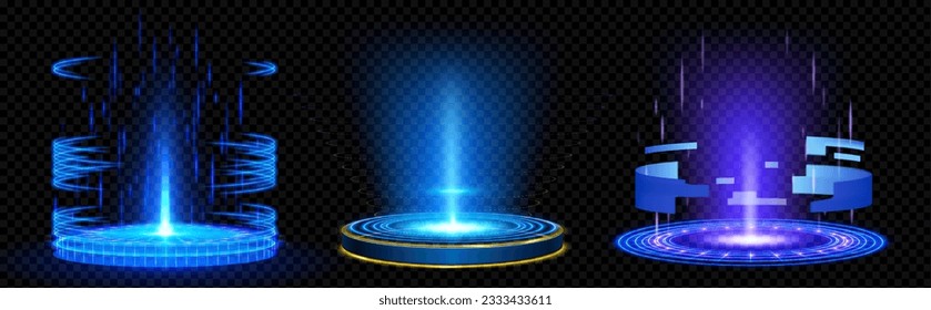 Set of high tech hologram portals with blue light effect. Vector realistic illustration of futuristic game technology, round podiums with glowing laser beams, neon hologram. Teleport to scifi universe