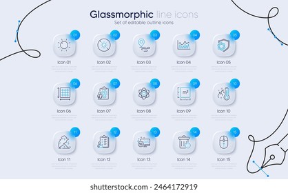Set of High thermometer, Sun energy and Square area line icons for web app. Swipe up, Place, Checklist icons. Recovery trash, Fingerprint, Investment signs. No sun, Coronavirus, Square meter. Vector
