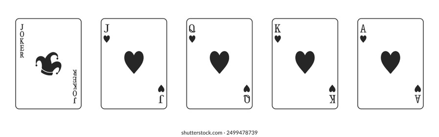 Set of high value hearts playing cards including jack, queen, king, ace and joker in vector outline