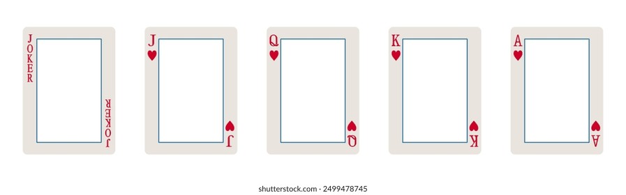 Set of high value hearts playing cards frames or borders including jack, queen, king, ace and joker in vector