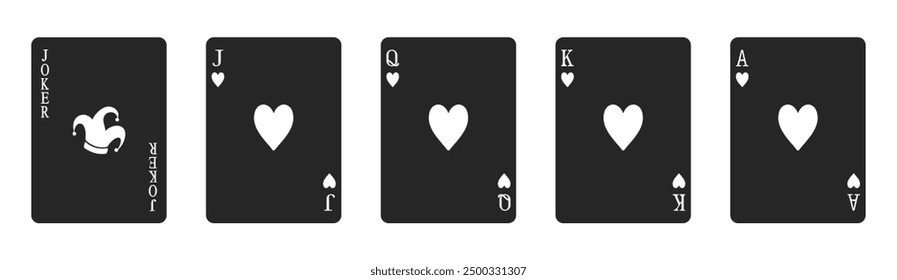 Set of high value hearts playing cards including jack, queen, king, ace and joker in silhouette vector