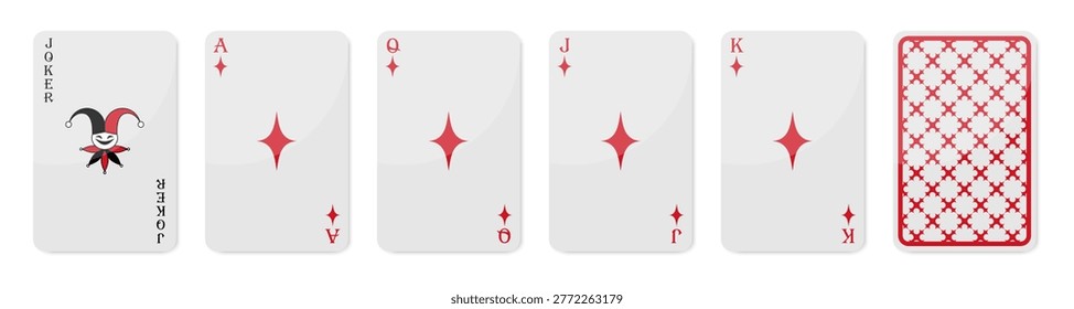 Set of high value playing cards of Diamonds. Joker, Ace of Diamonds, Queen, Jack and King. Playing cards with back side. Vector illustration