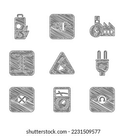 Set High voltage, Ampere meter, multimeter, Ohmmeter, Electric plug, Lamp in electronic circuit, Electrical transformer, Nuclear power plant and Battery charge icon. Vector