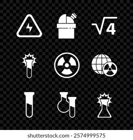 Set High voltage, Astronomical observatory, Square root of 4 glyph, Test tube and flask,  and Radioactive icon. Vector