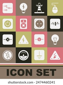 Set High voltage, Creative lamp light idea, DC source, Electric tower line, Music player, Power button, Switch electronic circuit and Electrical outlet icon. Vector