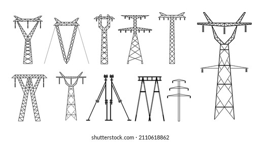 set of high voltage electric line icon or towers high voltage pylons power transmission or electric pylons pole network. eps vector