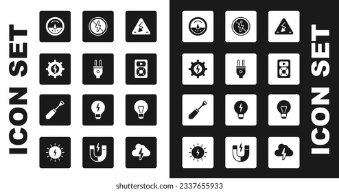 Set High voltage, Electric plug, Gear and lightning, meter, Music player, No, Creative lamp idea and Screwdriver icon. Vector
