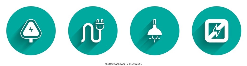 Set High voltage, Electric plug, Lamp hanging and No lightning icon with long shadow. Vector