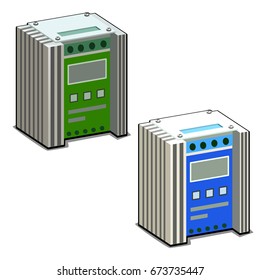 A set of high voltage electrical appliances with an electronic display and push-button control isolated on a white background. Cartoon vector close-up illustration.