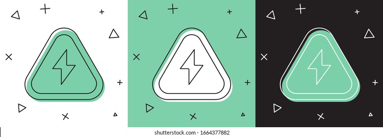 Set High voltage icon isolated on white and green, black background. Danger symbol. Arrow in triangle. Warning icon.  Vector Illustration