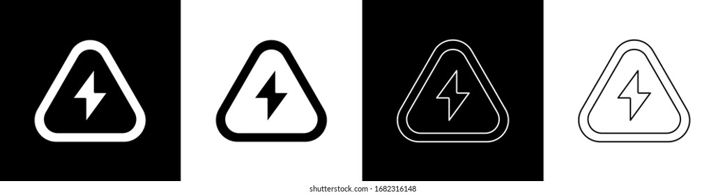 Set High voltage icon isolated on black and white background. Danger symbol. Arrow in triangle. Warning icon.  Vector Illustration