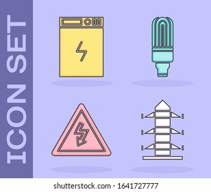 Set High voltage power pole line, Power bank, High voltage sign and LED light bulb icon. Vector