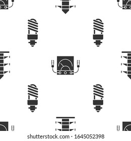 Set High voltage power pole line, Ampere meter, multimeter, voltmeter and LED light bulb on seamless pattern. Vector
