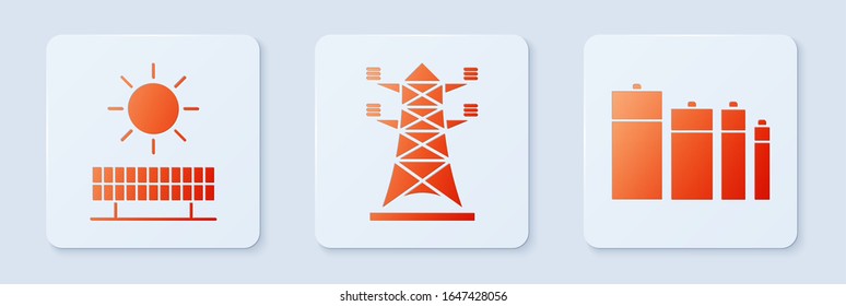 Set High voltage power pole line, Solar energy panel and sun and Battery. White square button. Vector