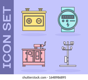 Set High voltage power pole line, Car battery, Diesel power generator and Electric meter icon. Vector