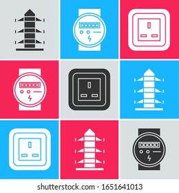 Set High voltage power pole line, Electric meter and Electrical outlet icon. Vector