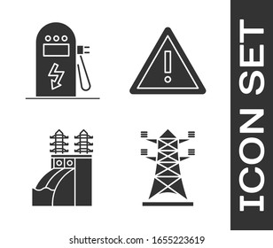 Set High voltage power pole line, Electric car charging station, Nuclear power plant and Exclamation mark in triangle icon. Vector