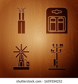 Set High voltage power pole line, Electric cable, Wind turbine and Battery in pack on wooden background. Vector