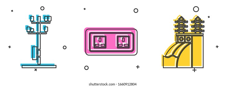 Set High voltage power pole line, Electrical outlet and Nuclear power plant icon. Vector