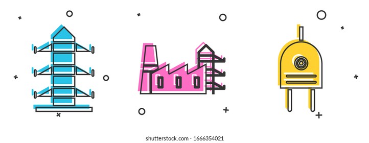 Set High voltage power pole line, Power station plant and factory and Electric plug icon. Vector