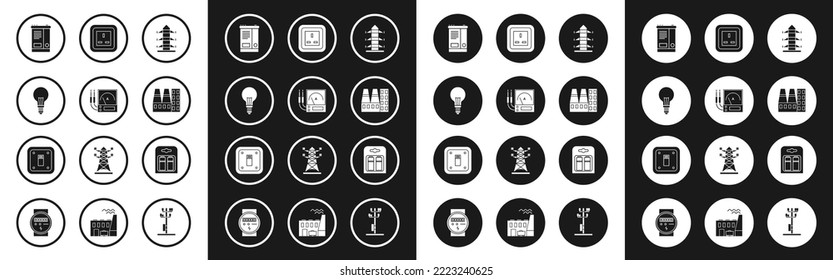 Set High voltage power pole line, multimeter, voltmeter, Light bulb with concept of idea, Car battery, Power station plant and factory, Electrical outlet, Battery pack and light switch icon. Vector