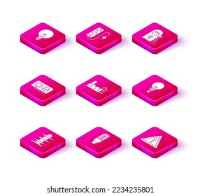 Set High voltage power pole line, Electrical outlet, Power station plant and factory, Exclamation mark triangle, Light with concept of idea, car charging and extension cord icon. Vector