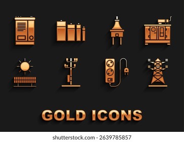 Set High voltage power pole line, Diesel generator, Electric extension cord, Solar energy panel and sun, plug, Car battery and Battery icon. Vector